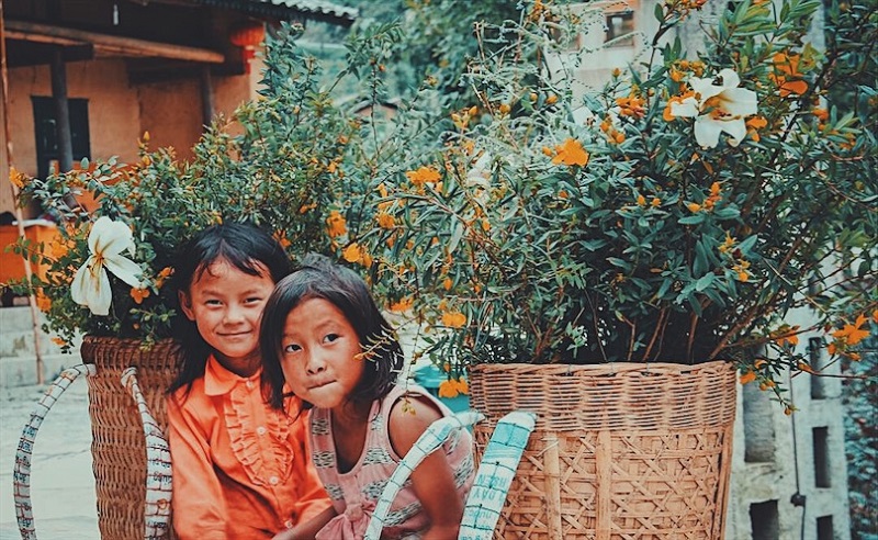 Những em bé dân tộc ở Hà Giang đeo gùi hoa 