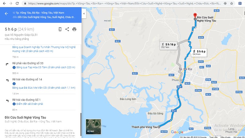 Bản đồ từ thành phố Vũng Tàu đến đồi cừu Suối Nghệ