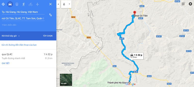 Bản đồ chỉ dẫn đường đi từ Hà Nội đến núi Cô Tiên Hà Giang