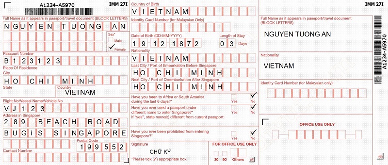 Mẫu giấy khai báo nhập cảnh tại Singapore