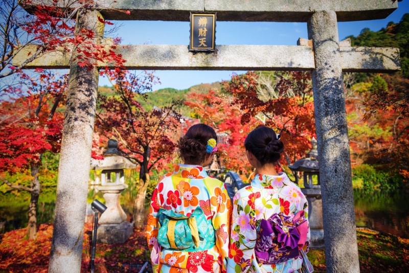 2 cô gái mặc Kimono trong khung cảnh mùa thu lá phong đỏ