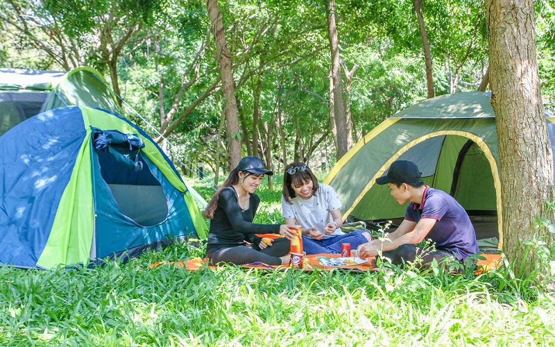 3 người dựng lều trại và ăn uống trên bãi cỏ