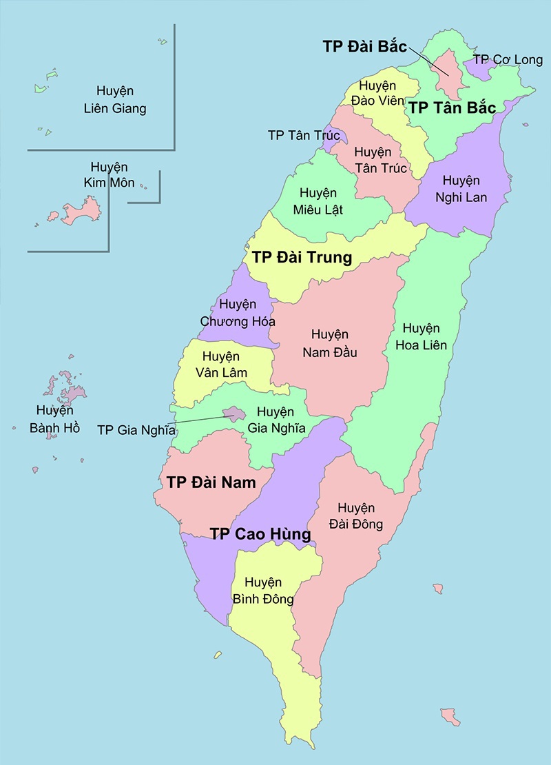 Bản đồ Đài Loan với các thành phố và huyện