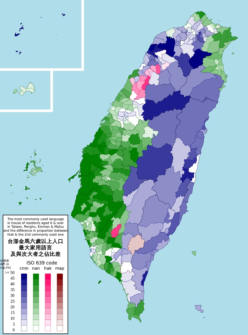 Bản đồ phân chia ngôn ngữ của Đài Loan theo vùng miền