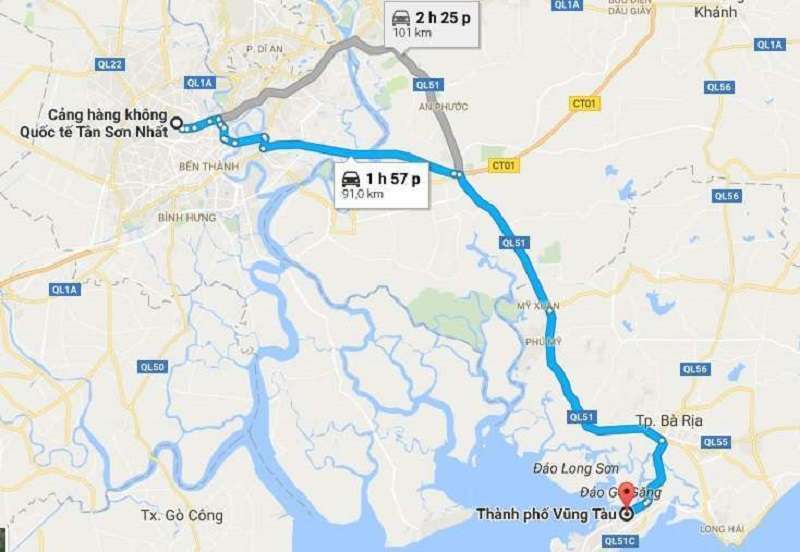 Bản đồ từ sân bay Tân Sơn Nhất đến thành phố Vũng Tàu qua QL51
