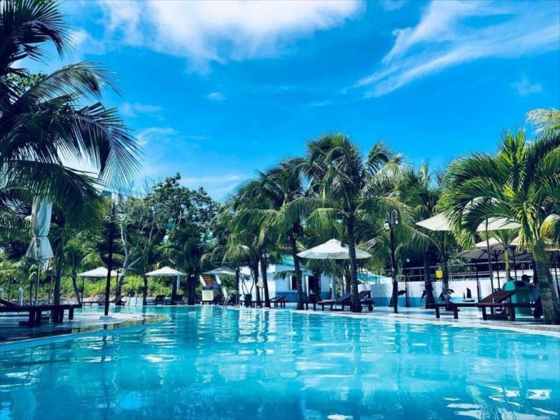 Khu vực hồ bơi với hàng dừa ở Hồ Mây Resort
