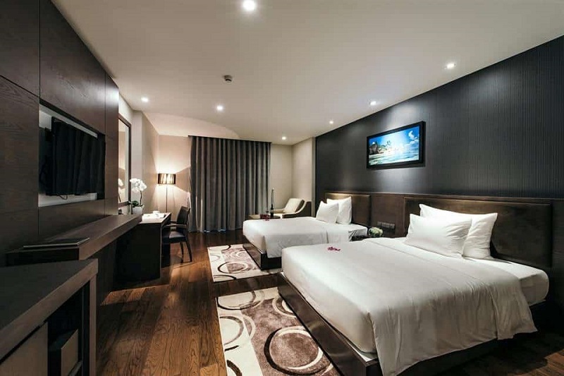Phòng ngủ Malibu Vũng Tàu với gam màu trắng đen chủ đạo