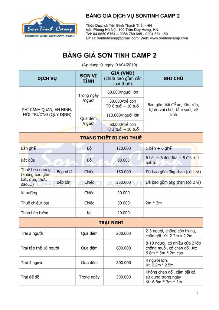 Bảng giá dịch vụ ở khu cắm trại Sơn Tinh Camp 2
