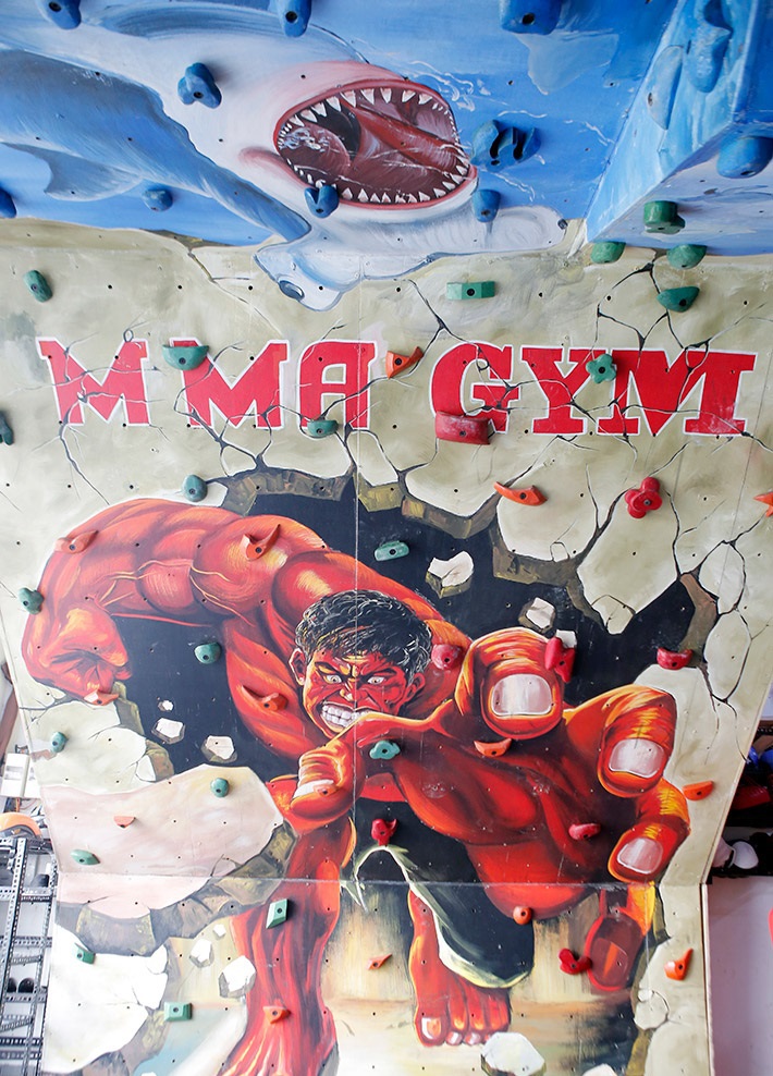 Bức tường núi nhân tạo ở MMA Gym được trang trí bắt mắt