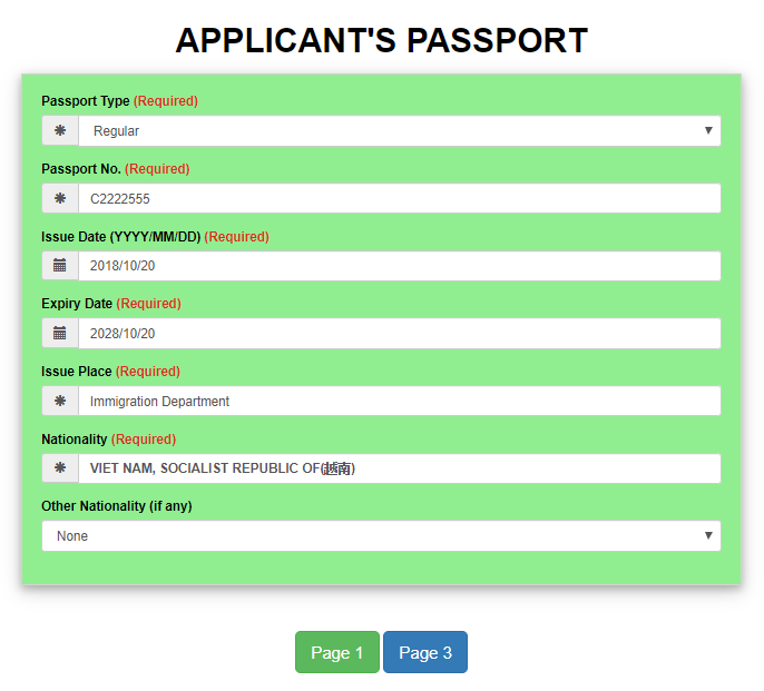 Điền thông tin hộ chiếu của người nộp đơn