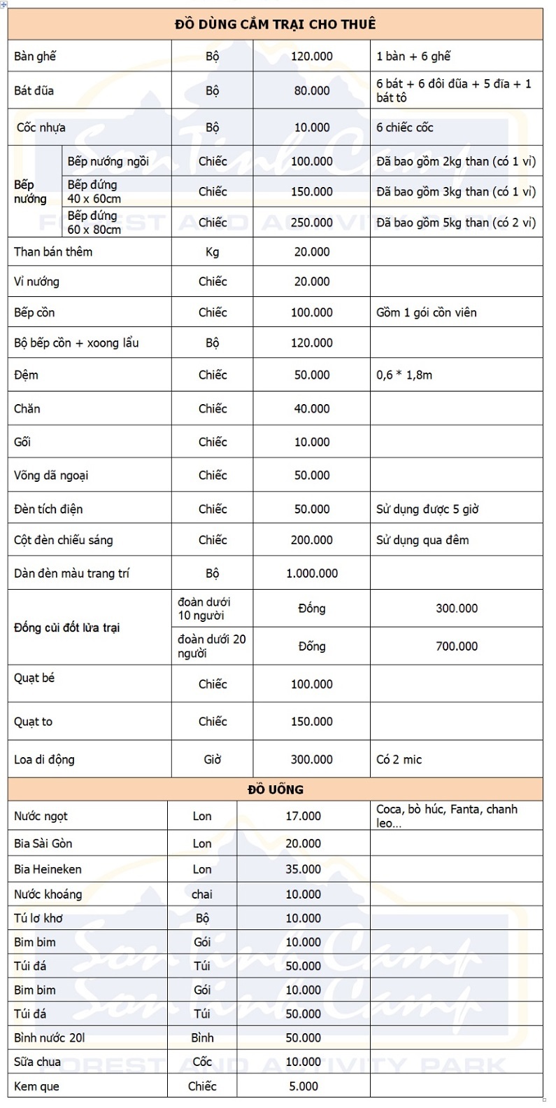 Bảng giá các dịch vụ cho thuê đồ ở Sơn Tinh Camp 3