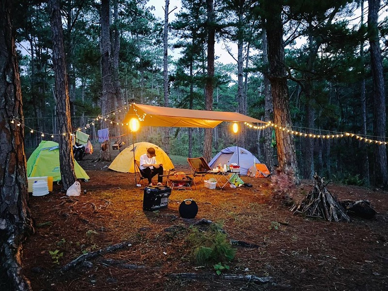 Khung cảnh cắm trại vào buổi tối được trang trí nhiều đèn