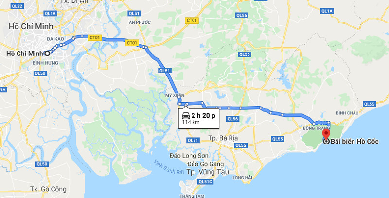 Sơ đồ chỉ dẫn đường đi từ Hồ Chí Minh đến bãi biển Hồ Cốc
