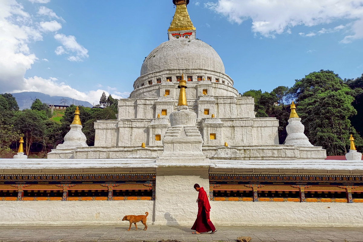 Khung cảnh một ngôi chùa trắng với vị thiền sư bước qua phía trước