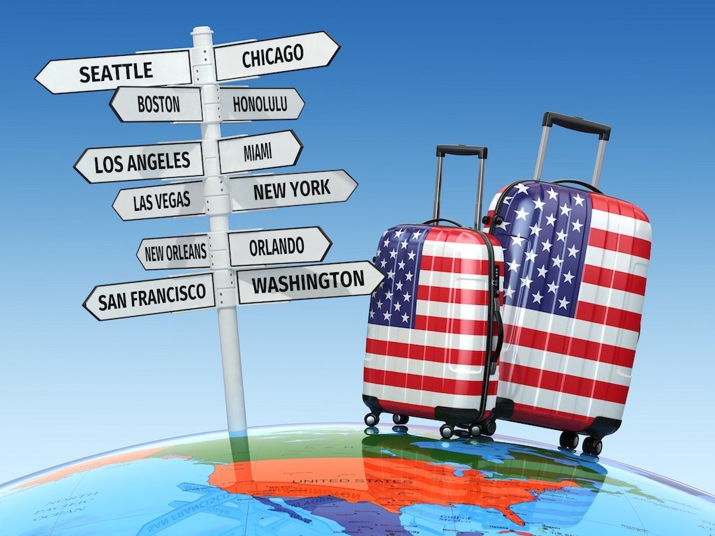 Hình vẽ vali du lịch cờ nước Mỹ với các điểm đến nổi tiếng nhất